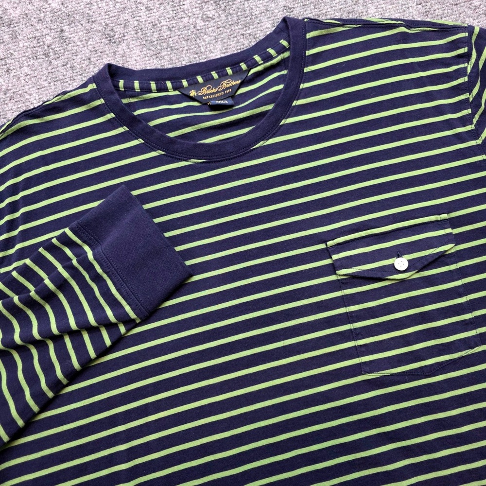 Brooks Brothers Mens XXL Long Sleeve Striped Pocket T-Shirt Navy Blue Lime Green